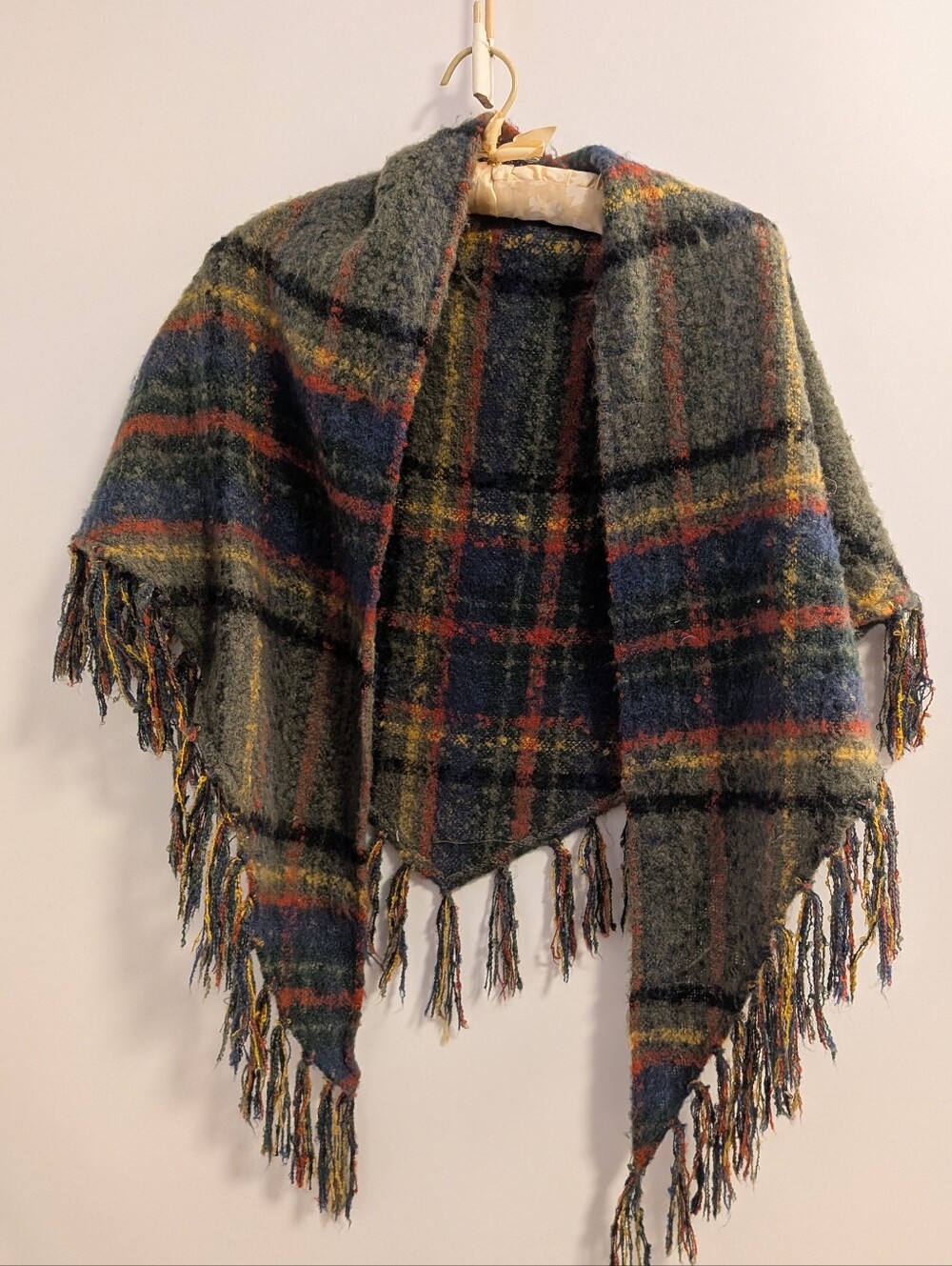 Free People Plaid Fringe Shawl in Olive, Navy & Rust
